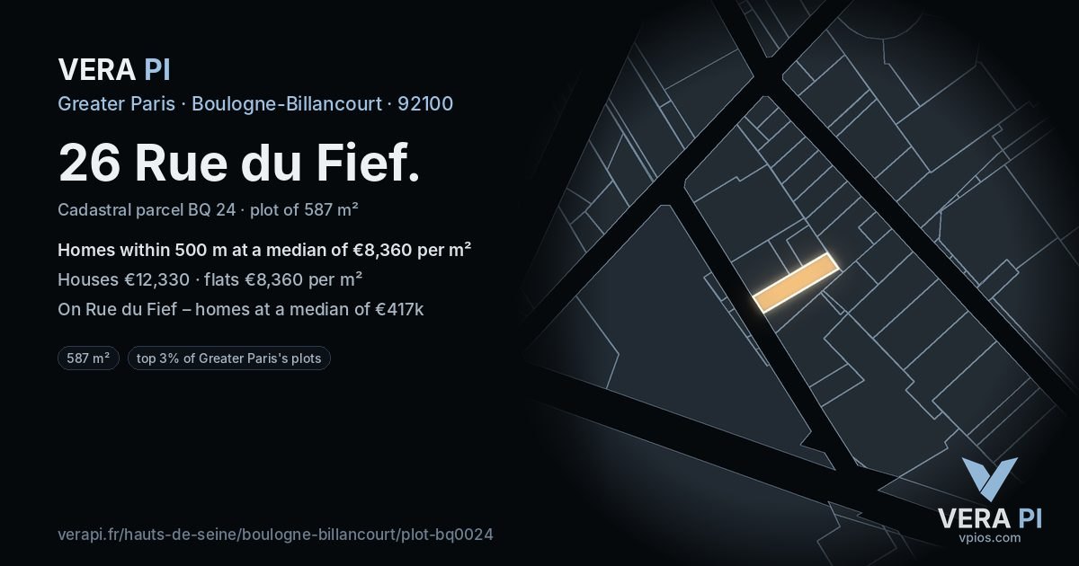 26 Rue du Fief, Boulogne-Billancourt at night – the plot lit, the parcels around coloured by the prices near them