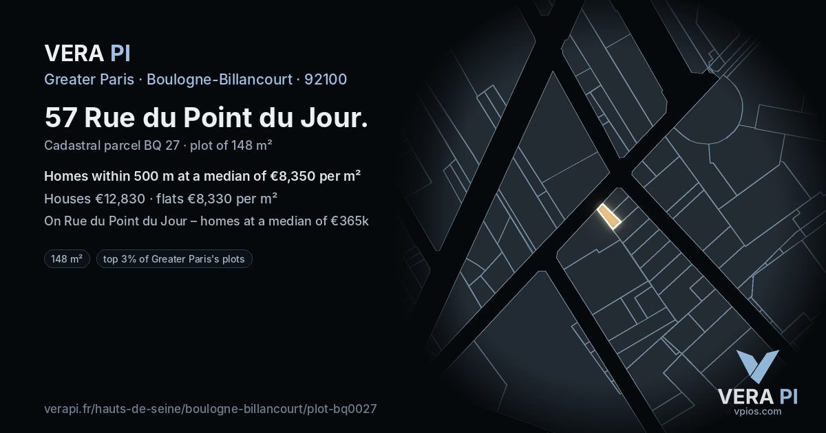57 Rue du Point du Jour, Boulogne-Billancourt at night – the plot lit, the parcels around coloured by the prices near them