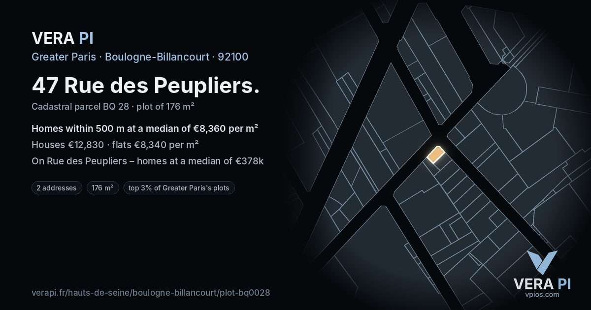 47 Rue des Peupliers, Boulogne-Billancourt at night – the plot lit, the parcels around coloured by the prices near them