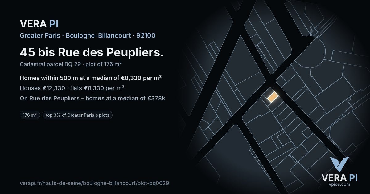 45 bis Rue des Peupliers, Boulogne-Billancourt at night – the plot lit, the parcels around coloured by the prices near them