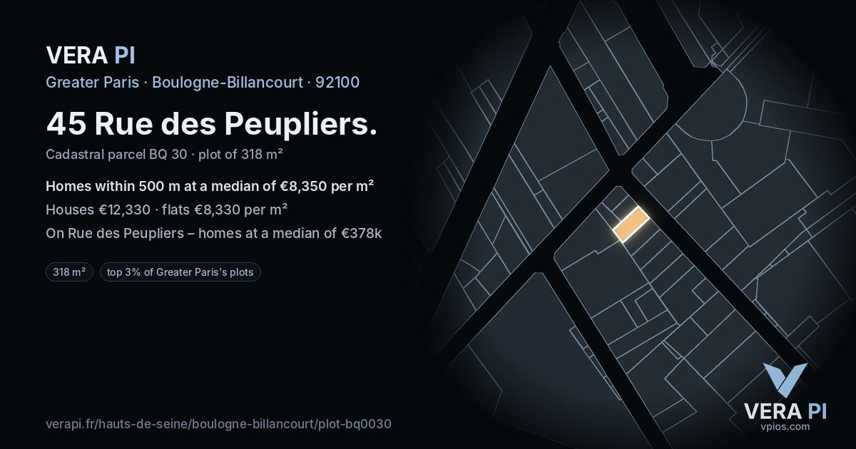 45 Rue des Peupliers, Boulogne-Billancourt at night – the plot lit, the parcels around coloured by the prices near them