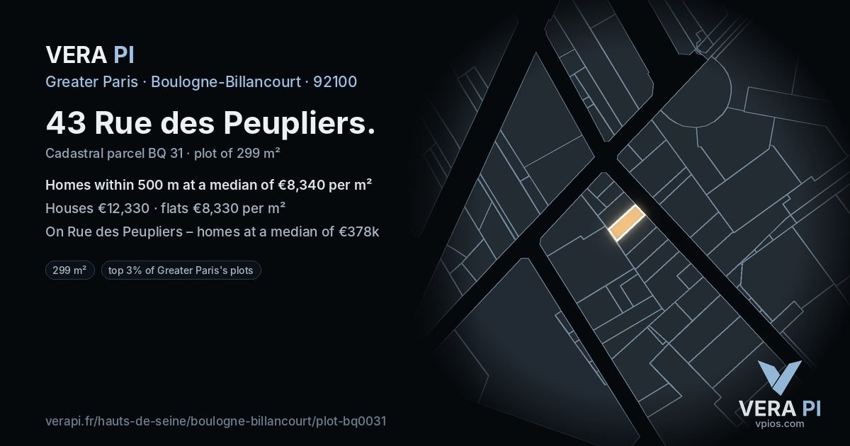43 Rue des Peupliers, Boulogne-Billancourt at night – the plot lit, the parcels around coloured by the prices near them