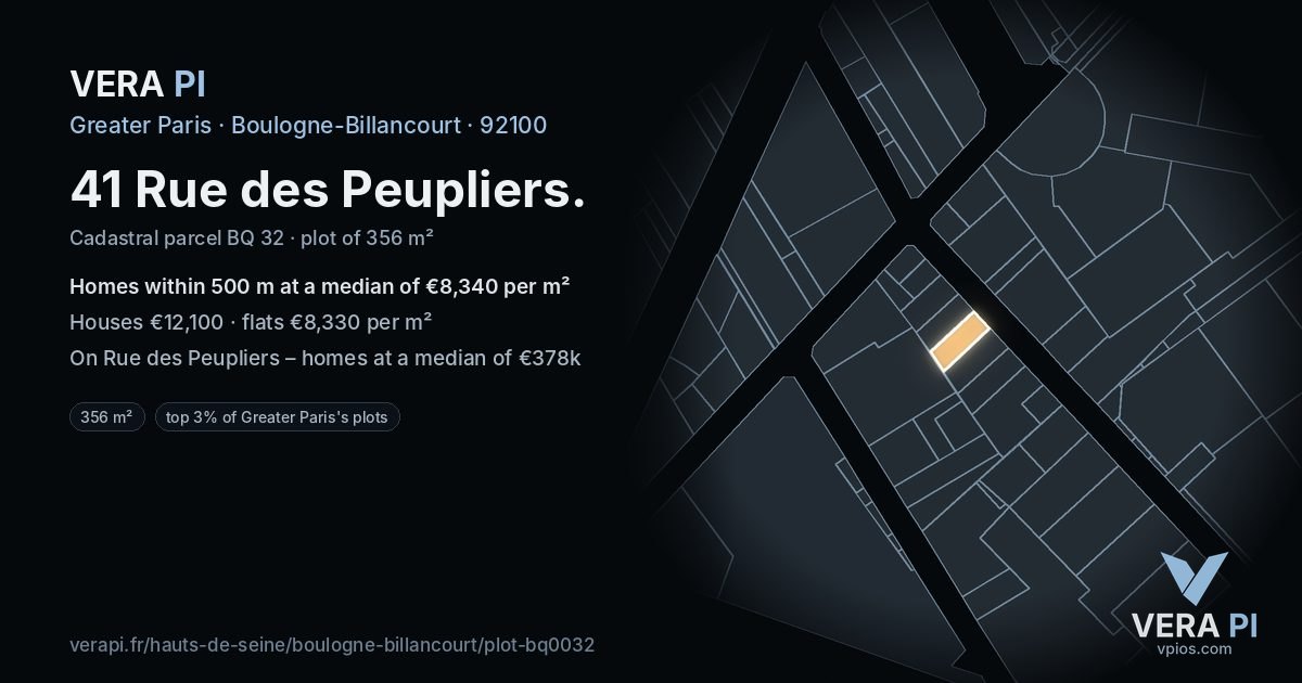 41 Rue des Peupliers, Boulogne-Billancourt at night – the plot lit, the parcels around coloured by the prices near them