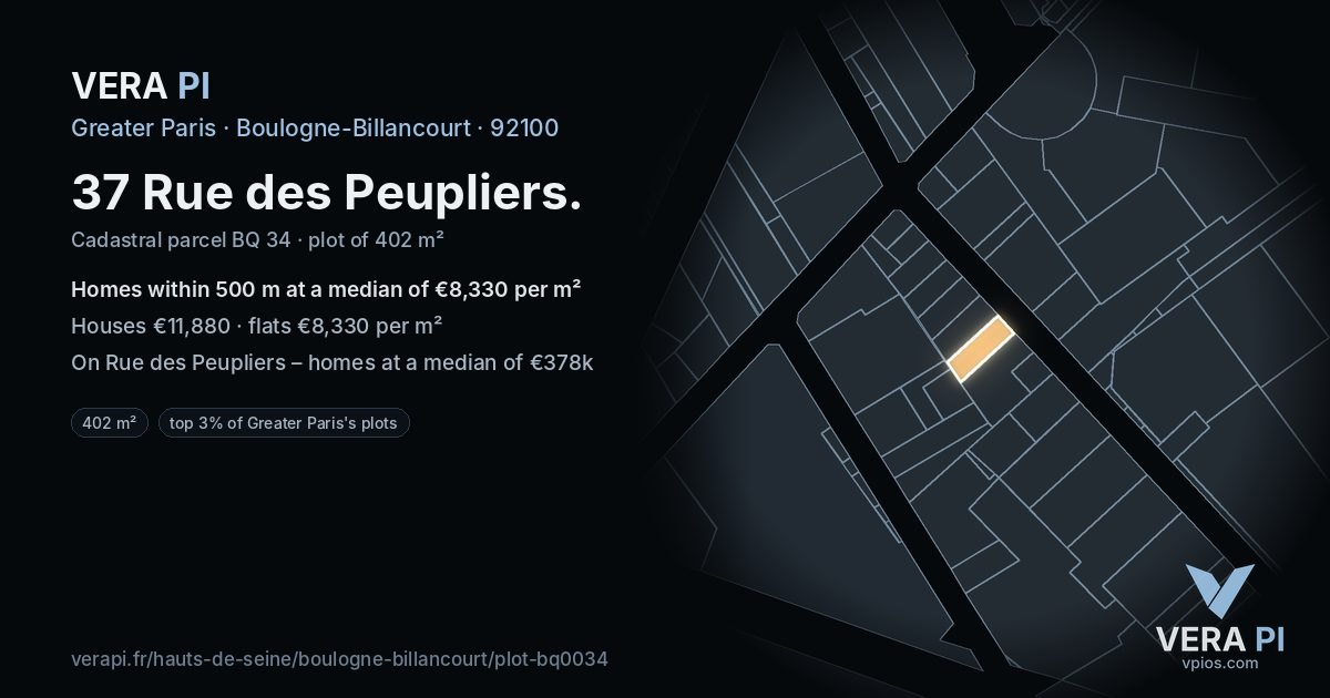 37 Rue des Peupliers, Boulogne-Billancourt at night – the plot lit, the parcels around coloured by the prices near them