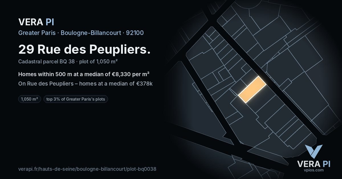29 Rue des Peupliers, Boulogne-Billancourt at night – the plot lit, the parcels around coloured by the prices near them