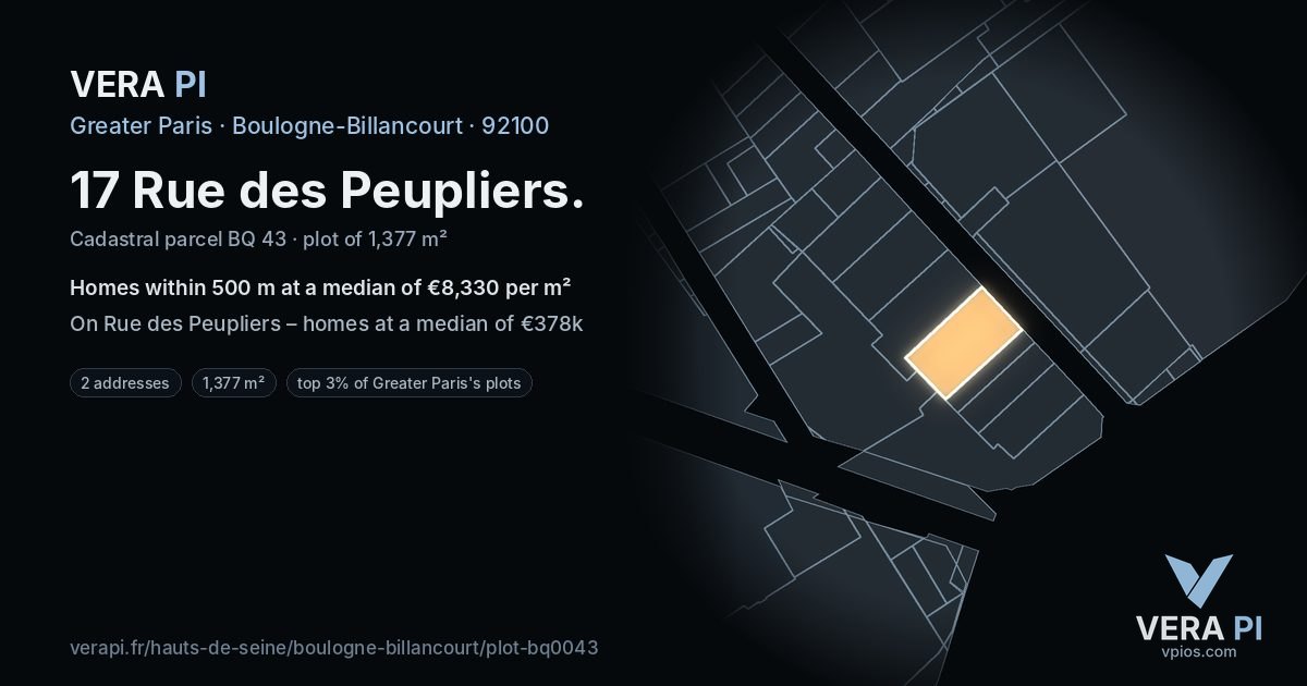 17 Rue des Peupliers, Boulogne-Billancourt at night – the plot lit, the parcels around coloured by the prices near them