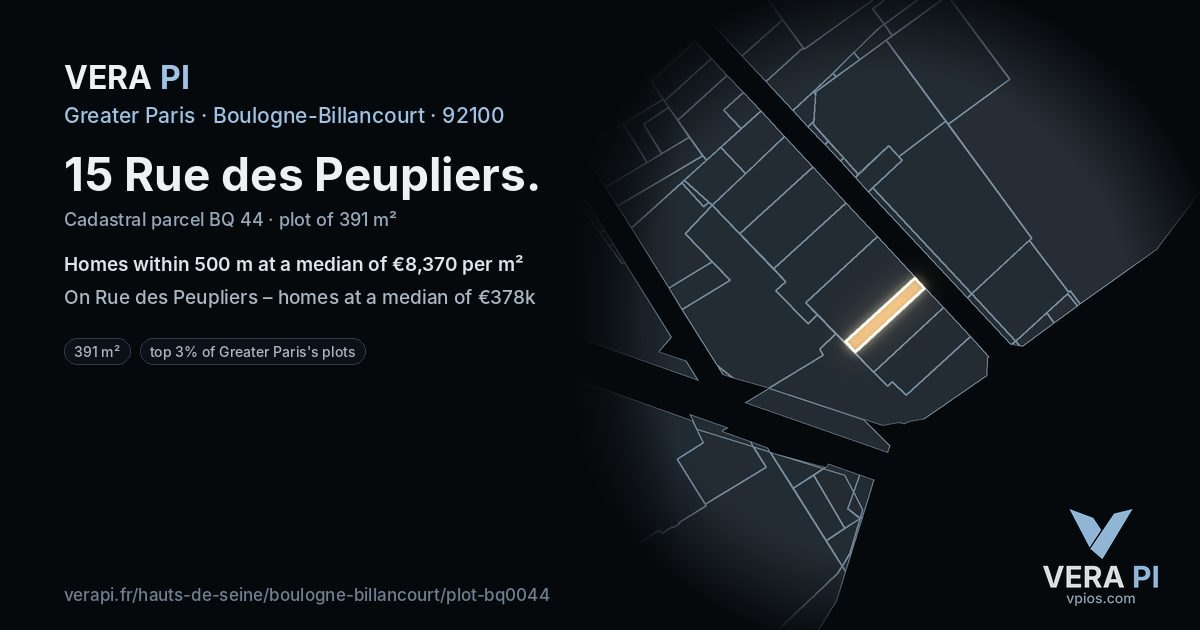 15 Rue des Peupliers, Boulogne-Billancourt at night – the plot lit, the parcels around coloured by the prices near them