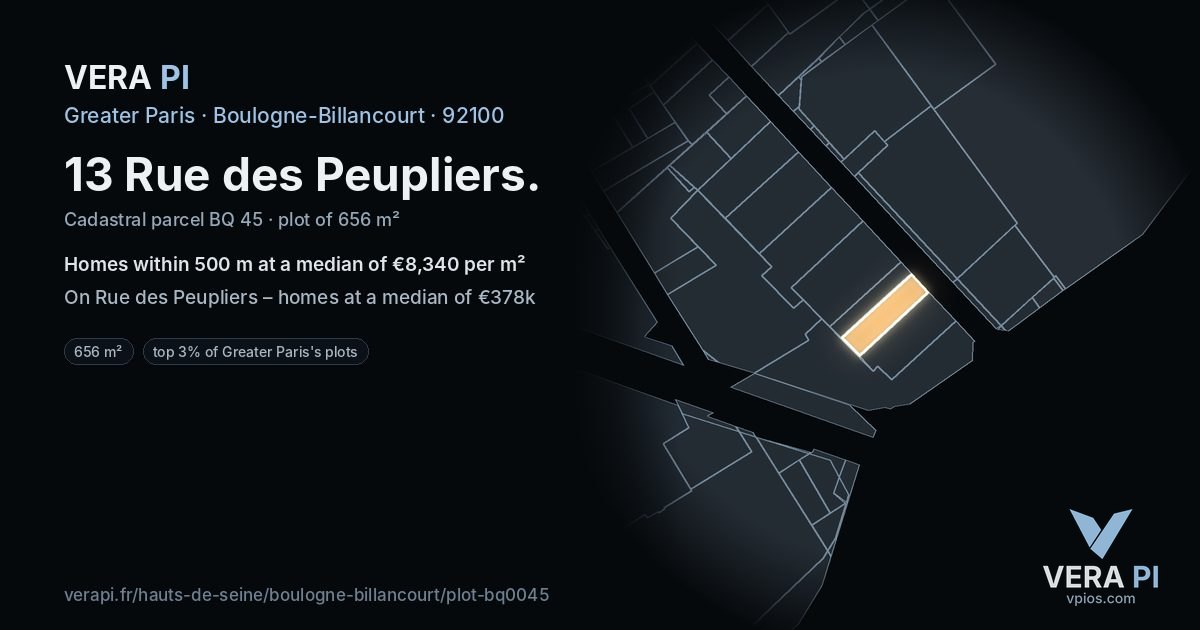 13 Rue des Peupliers, Boulogne-Billancourt at night – the plot lit, the parcels around coloured by the prices near them