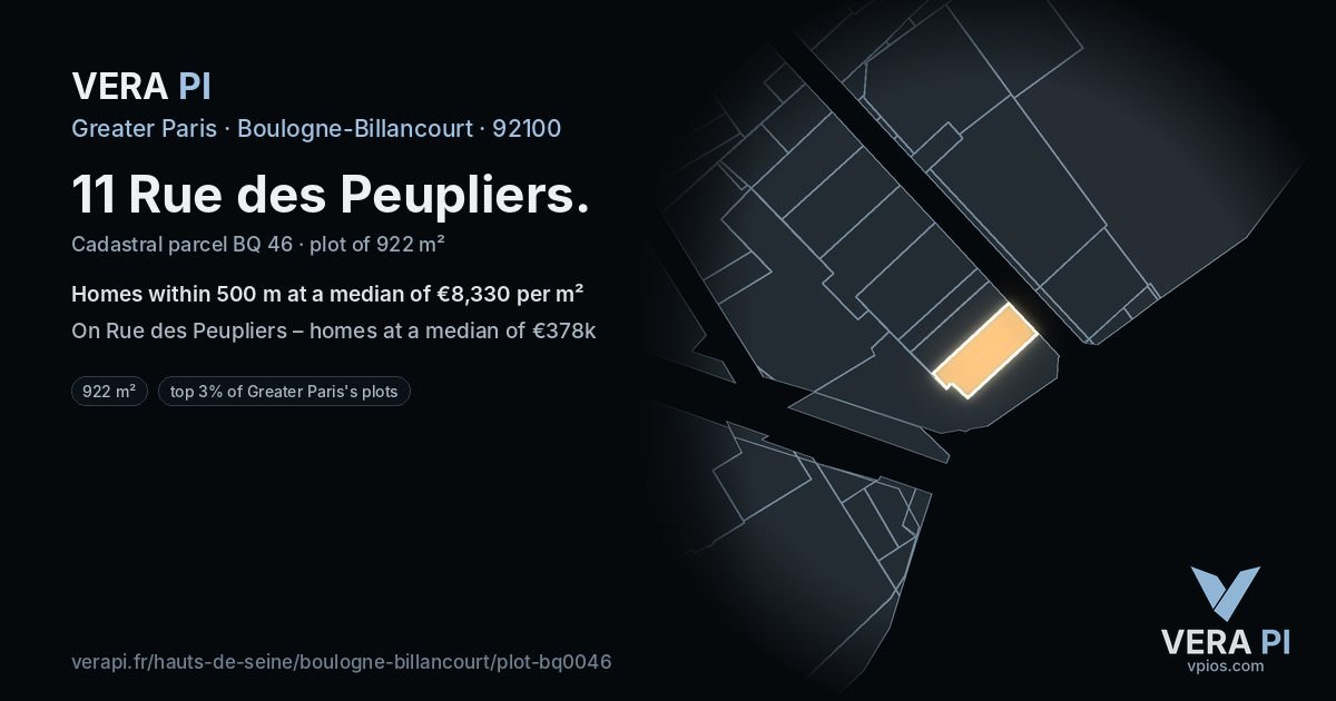 11 Rue des Peupliers, Boulogne-Billancourt at night – the plot lit, the parcels around coloured by the prices near them