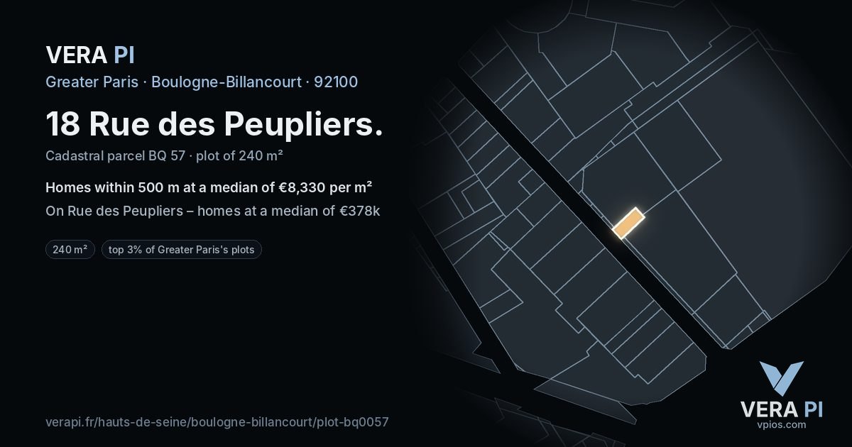 18 Rue des Peupliers, Boulogne-Billancourt at night – the plot lit, the parcels around coloured by the prices near them