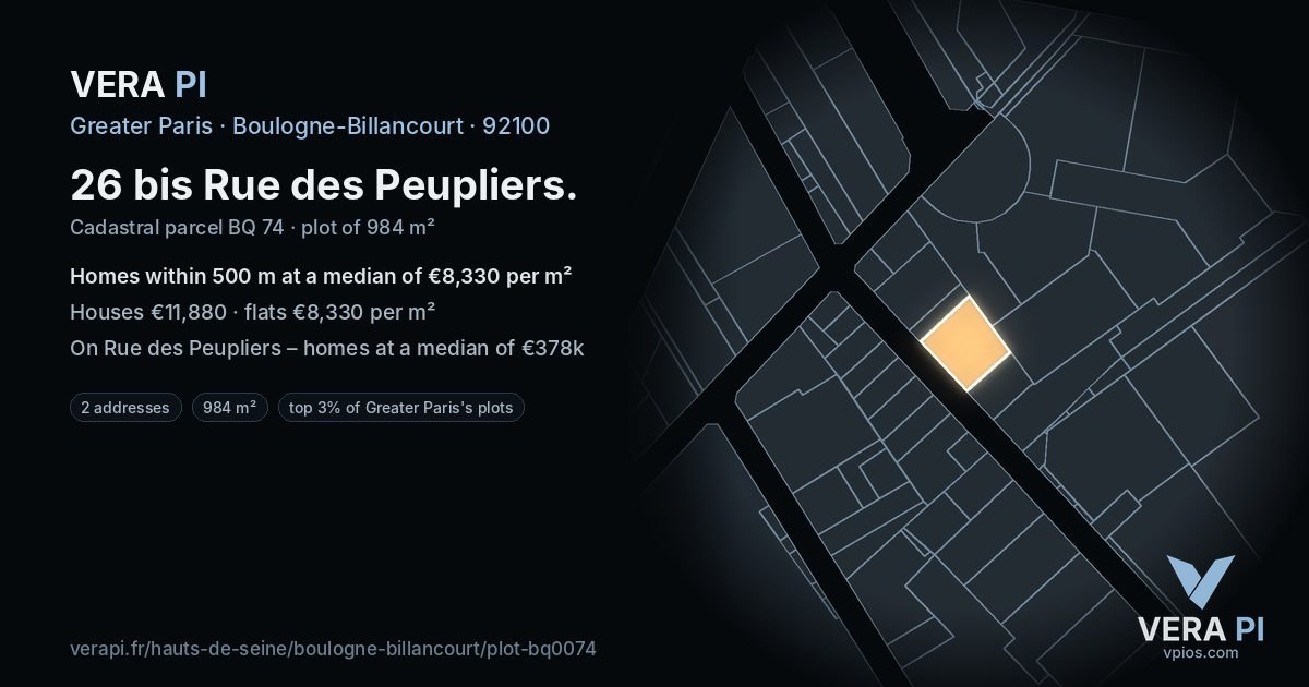 26 bis Rue des Peupliers, Boulogne-Billancourt at night – the plot lit, the parcels around coloured by the prices near them