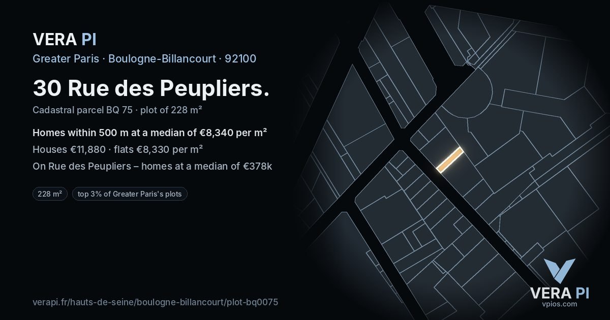 30 Rue des Peupliers, Boulogne-Billancourt at night – the plot lit, the parcels around coloured by the prices near them
