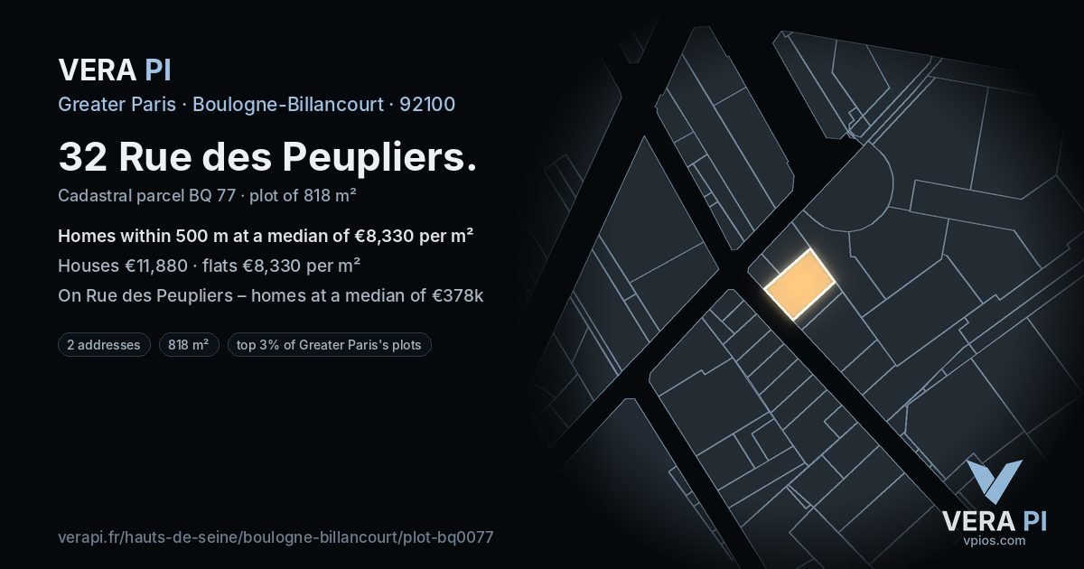 32 Rue des Peupliers, Boulogne-Billancourt at night – the plot lit, the parcels around coloured by the prices near them