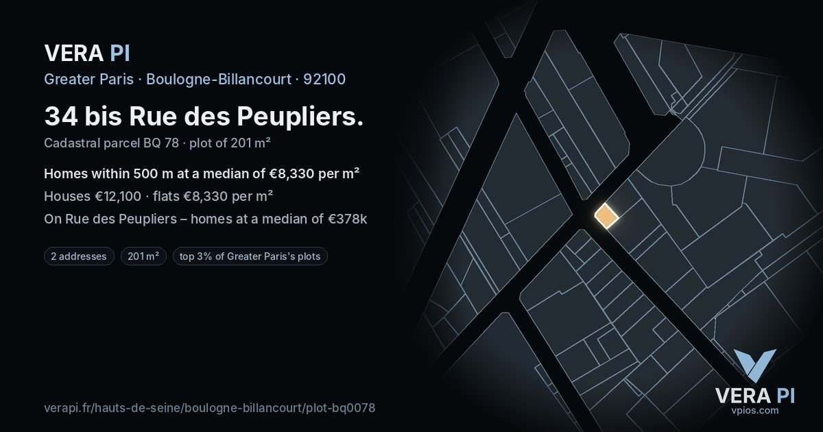 34 bis Rue des Peupliers, Boulogne-Billancourt at night – the plot lit, the parcels around coloured by the prices near them