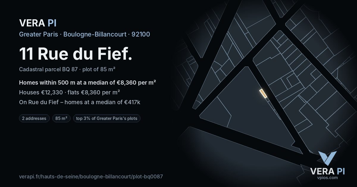 11 Rue du Fief, Boulogne-Billancourt at night – the plot lit, the parcels around coloured by the prices near them
