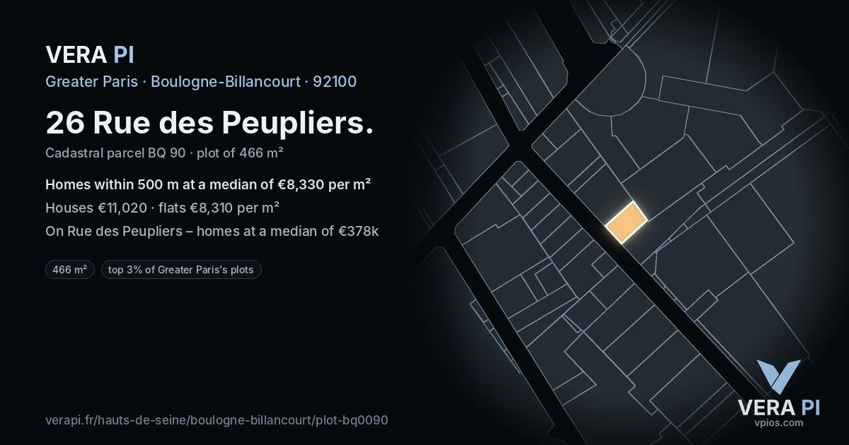 26 Rue des Peupliers, Boulogne-Billancourt at night – the plot lit, the parcels around coloured by the prices near them