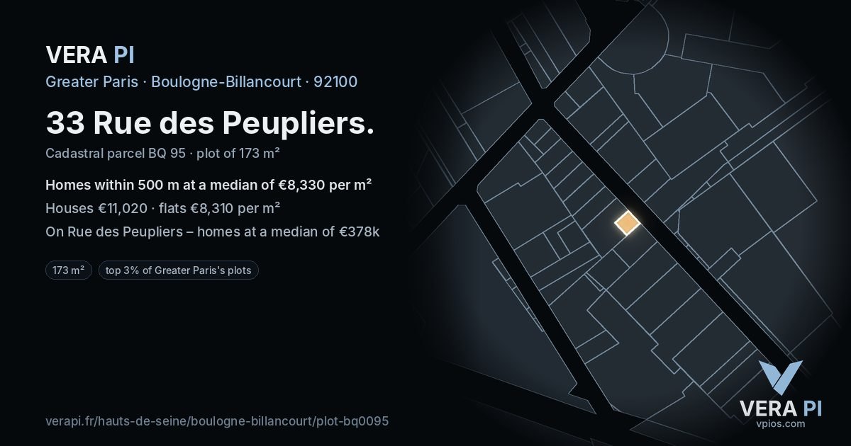 33 Rue des Peupliers, Boulogne-Billancourt at night – the plot lit, the parcels around coloured by the prices near them