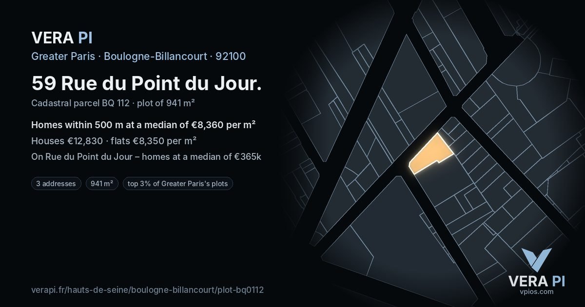 59 Rue du Point du Jour, Boulogne-Billancourt at night – the plot lit, the parcels around coloured by the prices near them