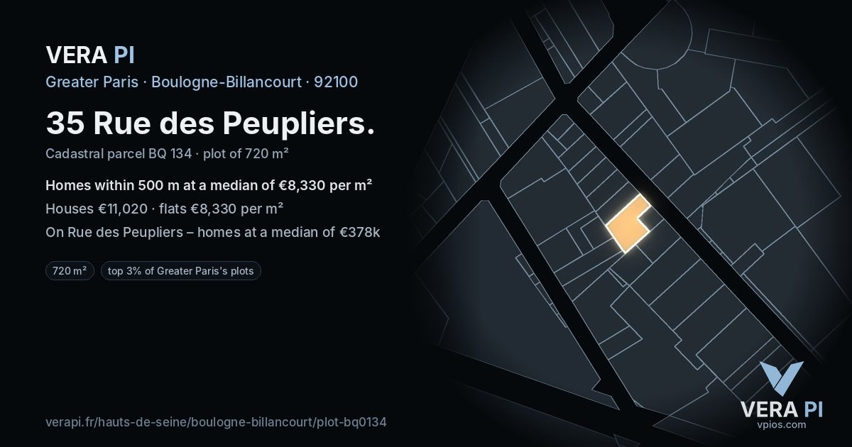 35 Rue des Peupliers, Boulogne-Billancourt at night – the plot lit, the parcels around coloured by the prices near them