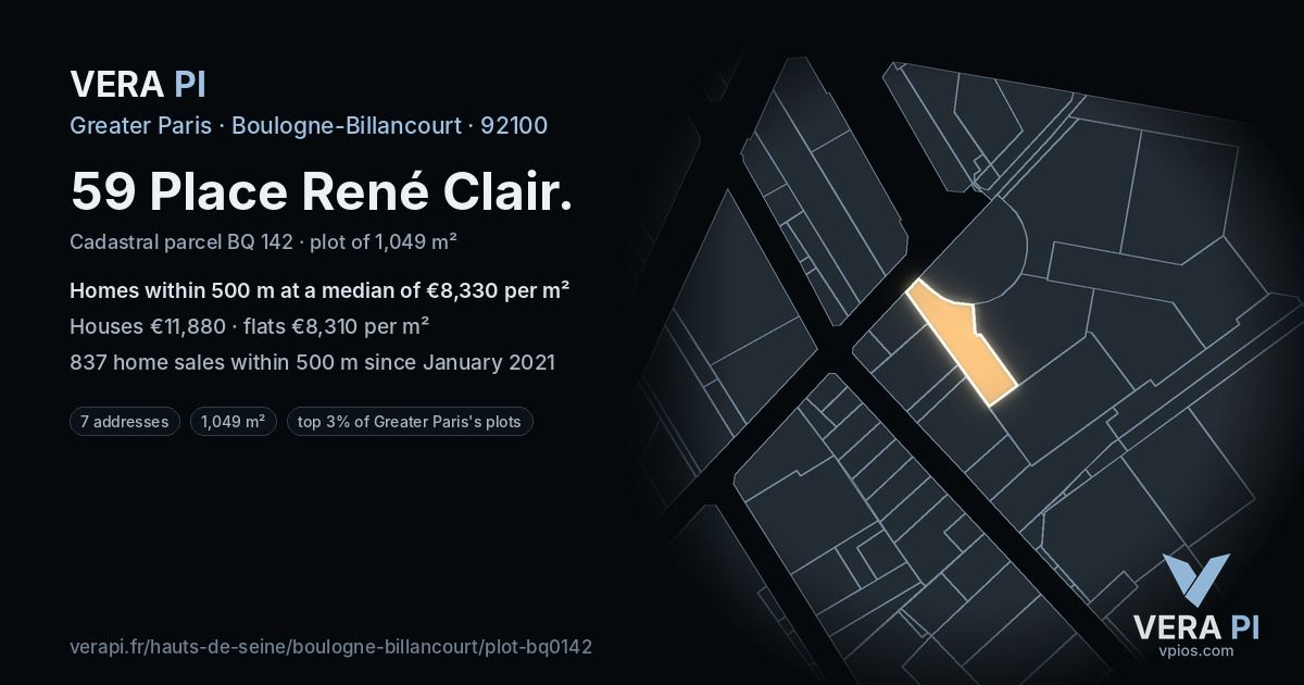 59 Place René Clair, Boulogne-Billancourt at night – the plot lit, the parcels around coloured by the prices near them