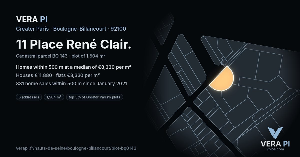 11 Place René Clair, Boulogne-Billancourt at night – the plot lit, the parcels around coloured by the prices near them