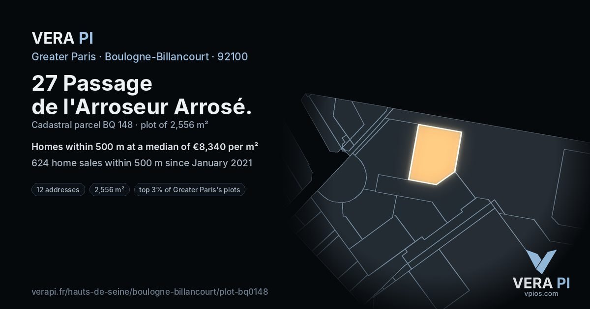 27 Passage de l'Arroseur Arrosé, Boulogne-Billancourt at night – the plot lit, the parcels around coloured by the prices near them