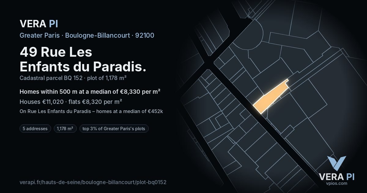 49 Rue Les Enfants du Paradis, Boulogne-Billancourt at night – the plot lit, the parcels around coloured by the prices near them