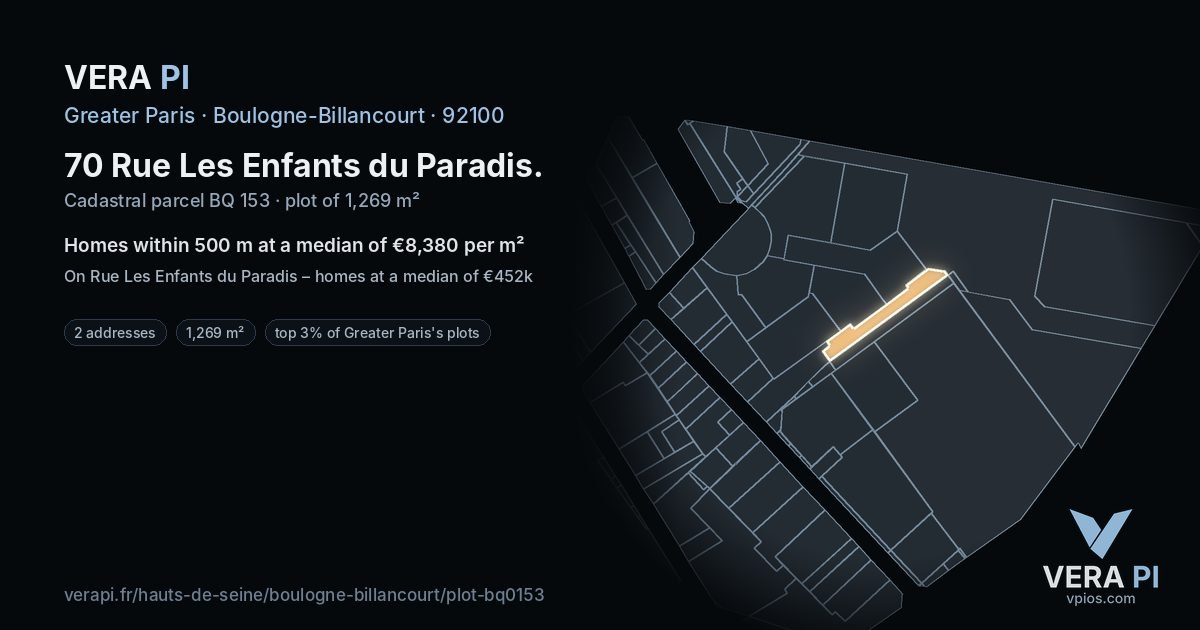 70 Rue Les Enfants du Paradis, Boulogne-Billancourt at night – the plot lit, the parcels around coloured by the prices near them