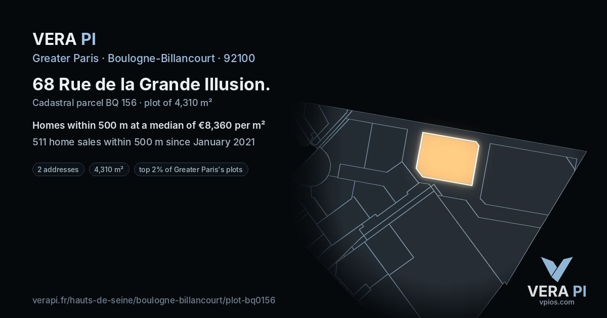 68 Rue de la Grande Illusion, Boulogne-Billancourt at night – the plot lit, the parcels around coloured by the prices near them