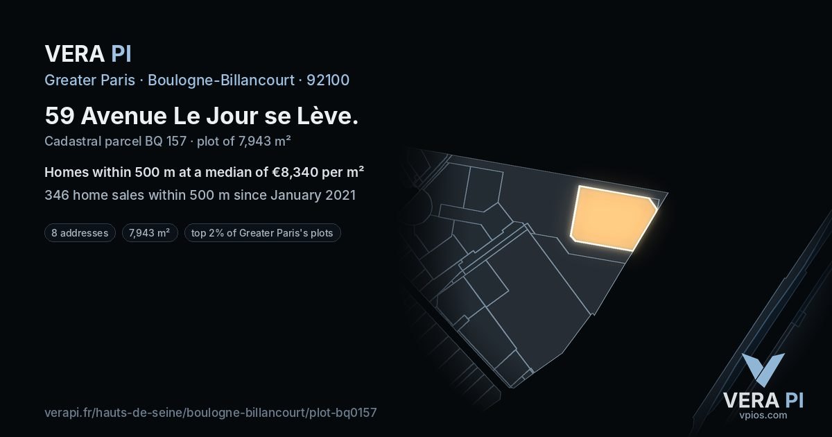 59 Avenue Le Jour se Lève, Boulogne-Billancourt at night – the plot lit, the parcels around coloured by the prices near them