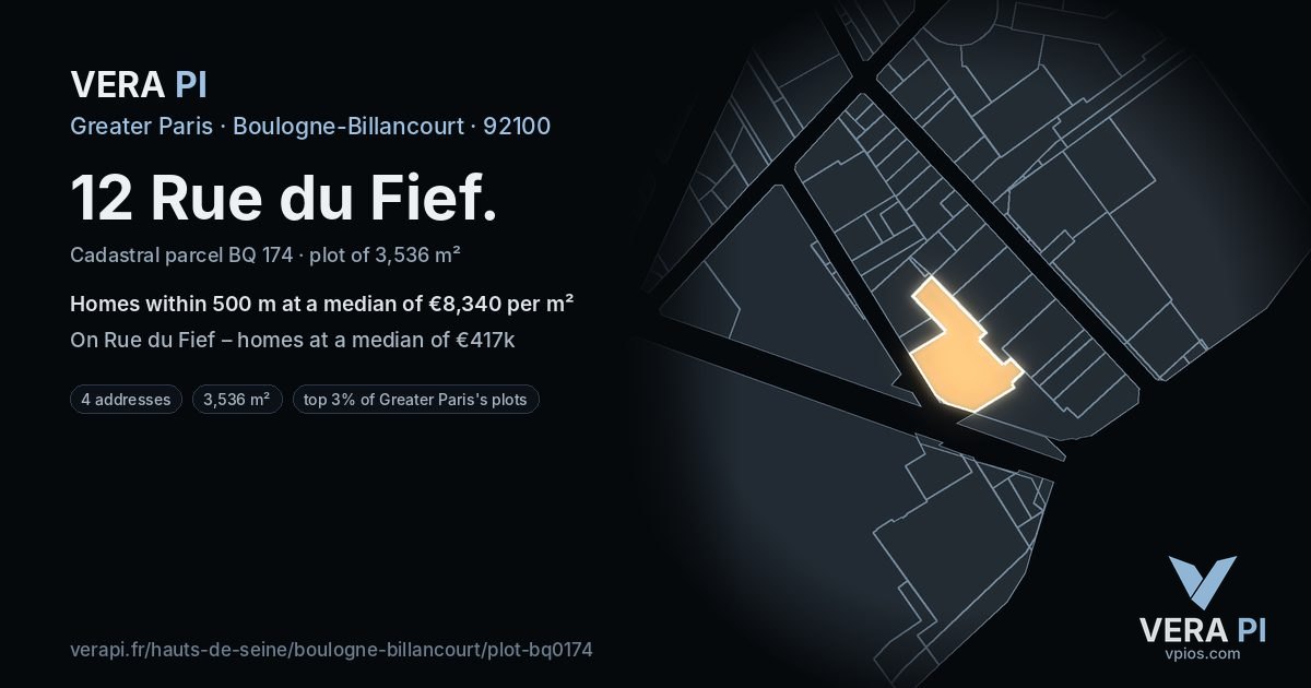 12 Rue du Fief, Boulogne-Billancourt at night – the plot lit, the parcels around coloured by the prices near them