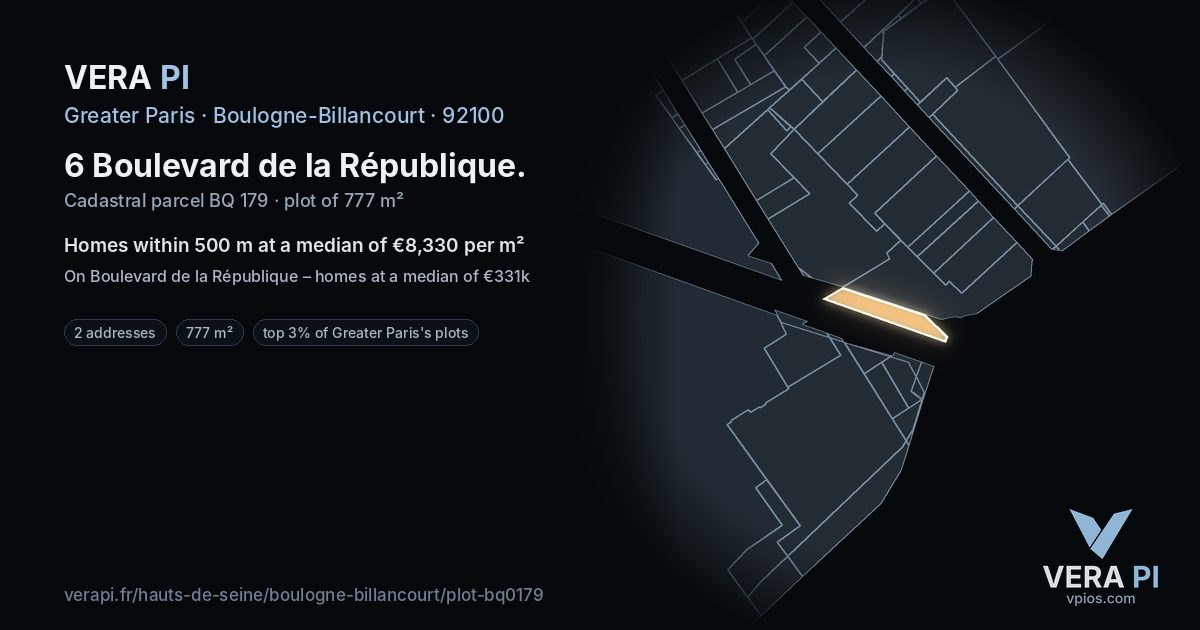 6 Boulevard de la République, Boulogne-Billancourt at night – the plot lit, the parcels around coloured by the prices near them