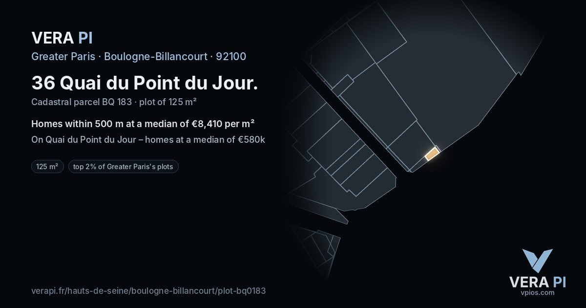 36 Quai du Point du Jour, Boulogne-Billancourt at night – the plot lit, the parcels around coloured by the prices near them
