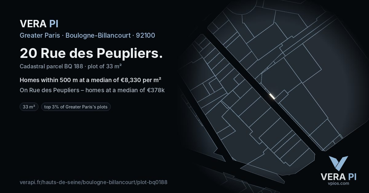 20 Rue des Peupliers, Boulogne-Billancourt at night – the plot lit, the parcels around coloured by the prices near them