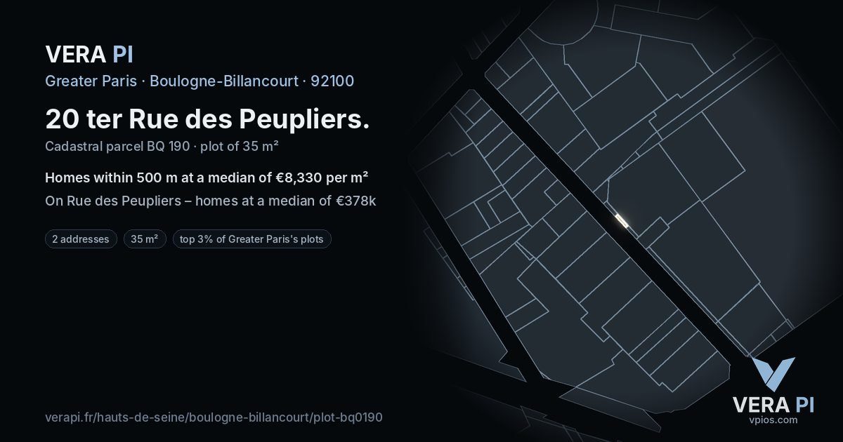 20 ter Rue des Peupliers, Boulogne-Billancourt at night – the plot lit, the parcels around coloured by the prices near them