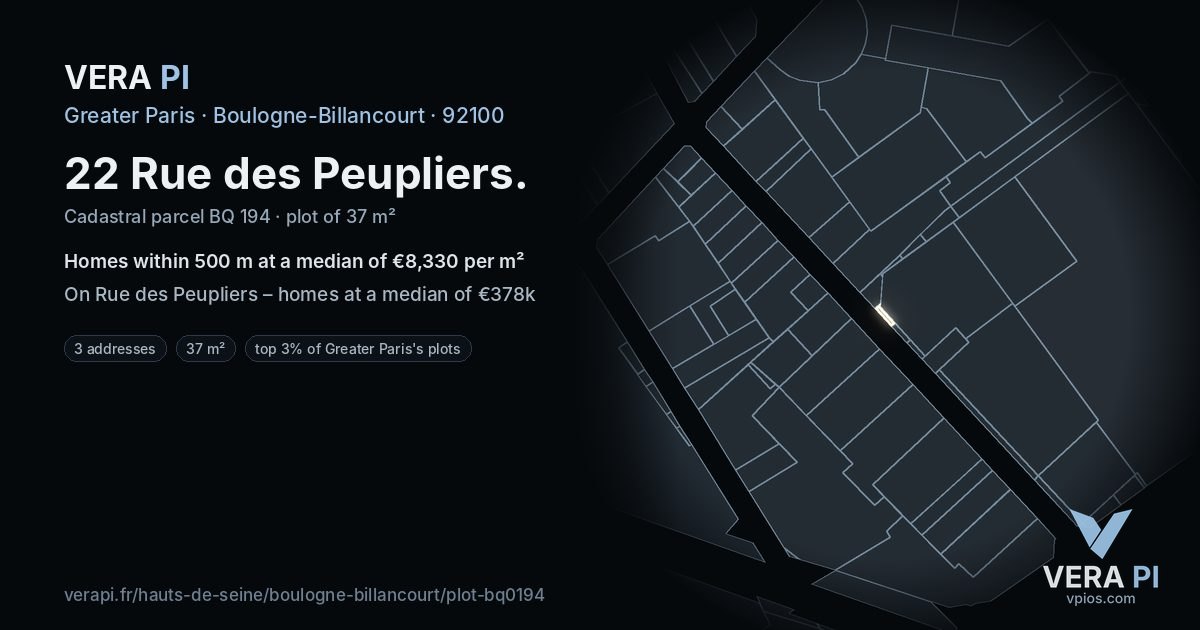 22 Rue des Peupliers, Boulogne-Billancourt at night – the plot lit, the parcels around coloured by the prices near them