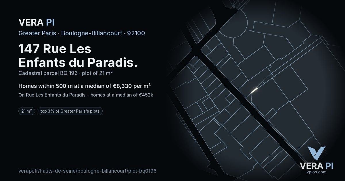 147 Rue Les Enfants du Paradis, Boulogne-Billancourt at night – the plot lit, the parcels around coloured by the prices near them