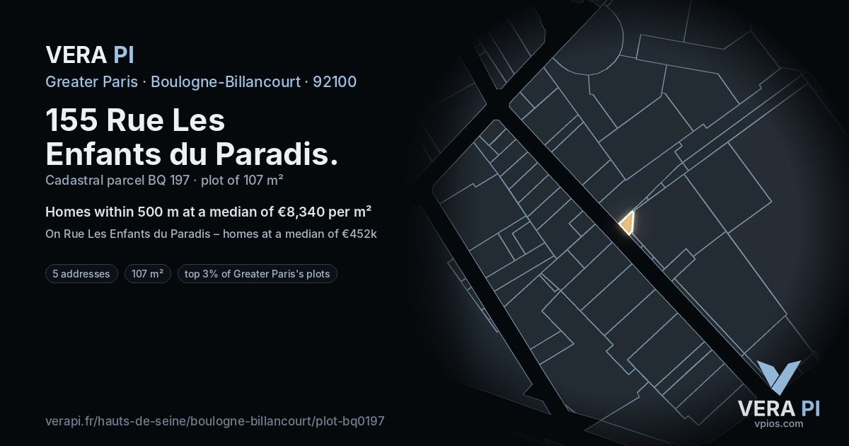 155 Rue Les Enfants du Paradis, Boulogne-Billancourt at night – the plot lit, the parcels around coloured by the prices near them