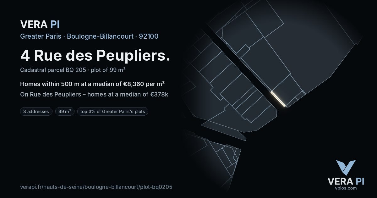 4 Rue des Peupliers, Boulogne-Billancourt at night – the plot lit, the parcels around coloured by the prices near them
