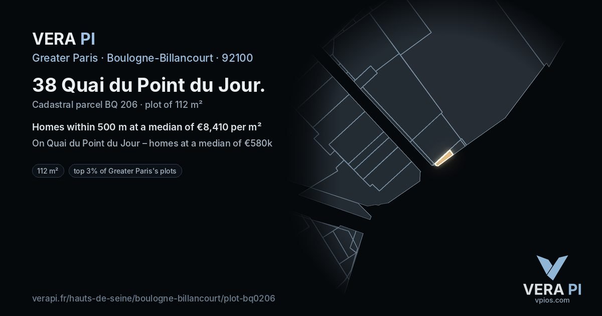38 Quai du Point du Jour, Boulogne-Billancourt at night – the plot lit, the parcels around coloured by the prices near them