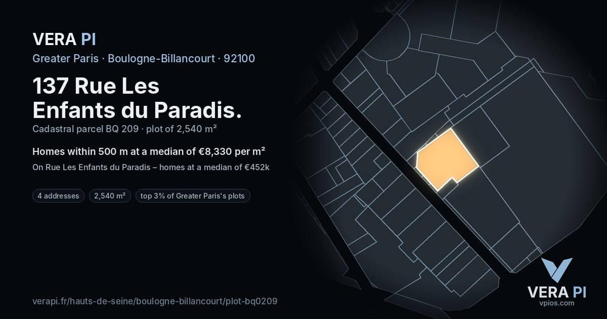 137 Rue Les Enfants du Paradis, Boulogne-Billancourt at night – the plot lit, the parcels around coloured by the prices near them