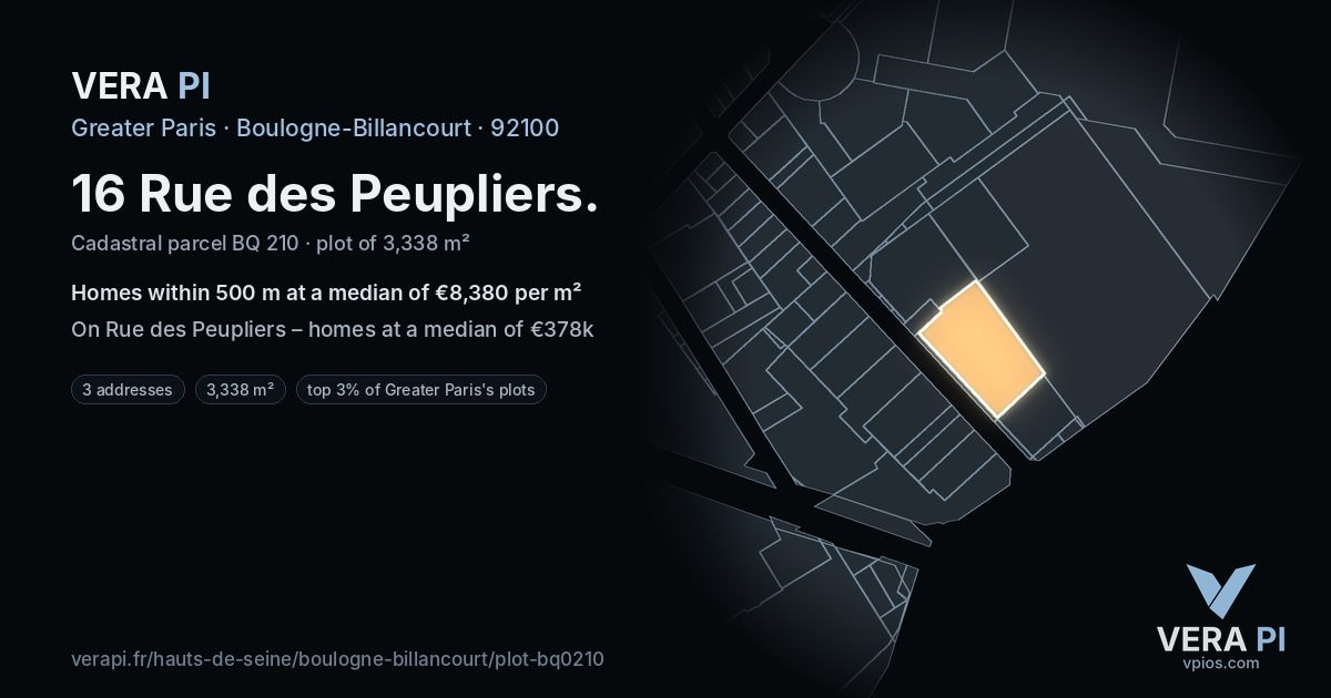 16 Rue des Peupliers, Boulogne-Billancourt at night – the plot lit, the parcels around coloured by the prices near them