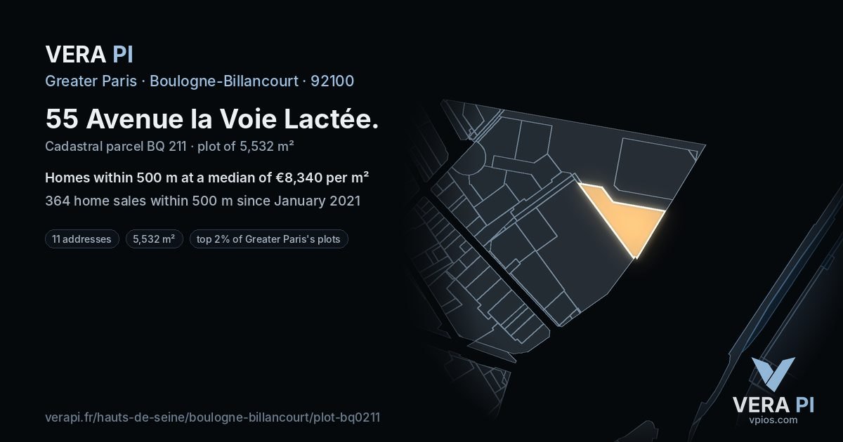 55 Avenue la Voie Lactée, Boulogne-Billancourt at night – the plot lit, the parcels around coloured by the prices near them