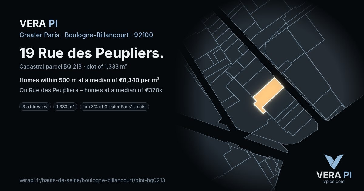 19 Rue des Peupliers, Boulogne-Billancourt at night – the plot lit, the parcels around coloured by the prices near them