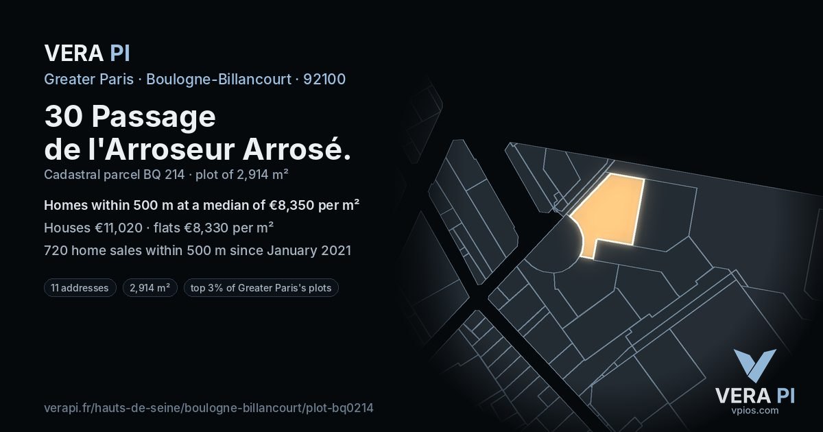 30 Passage de l'Arroseur Arrosé, Boulogne-Billancourt at night – the plot lit, the parcels around coloured by the prices near them