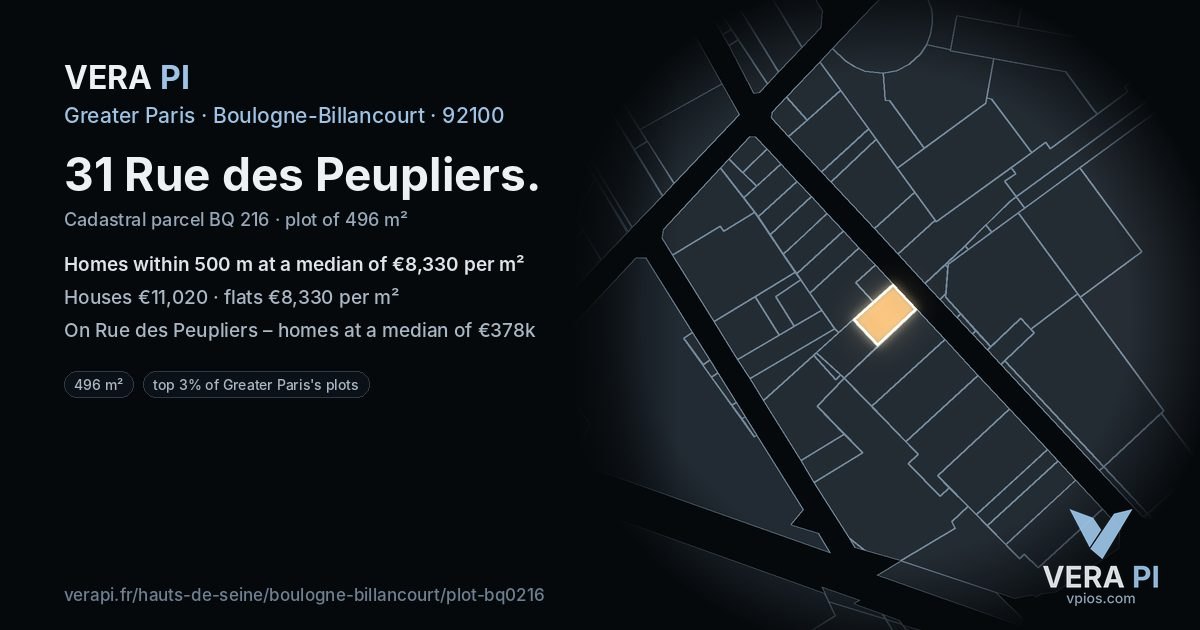 31 Rue des Peupliers, Boulogne-Billancourt at night – the plot lit, the parcels around coloured by the prices near them