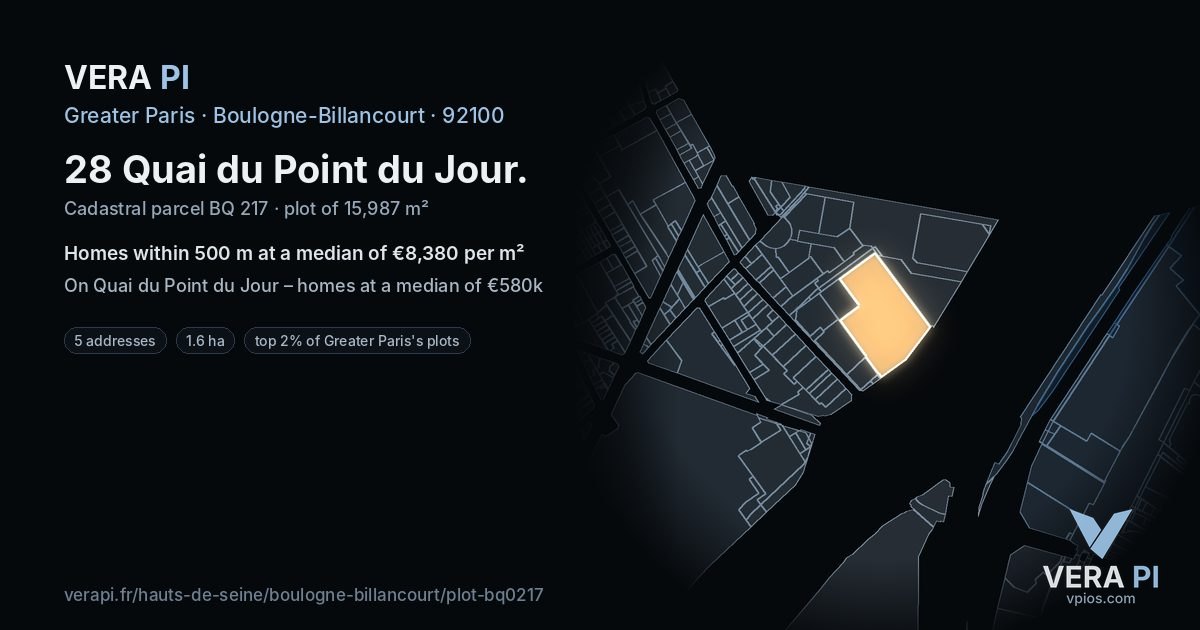 28 Quai du Point du Jour, Boulogne-Billancourt at night – the plot lit, the parcels around coloured by the prices near them