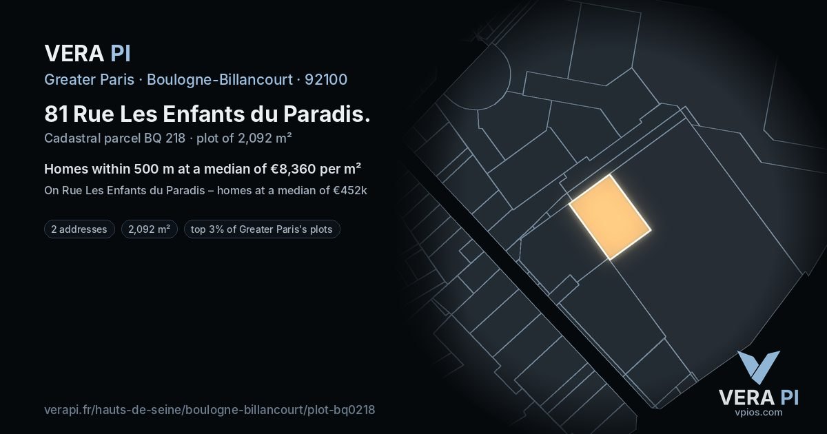 81 Rue Les Enfants du Paradis, Boulogne-Billancourt at night – the plot lit, the parcels around coloured by the prices near them