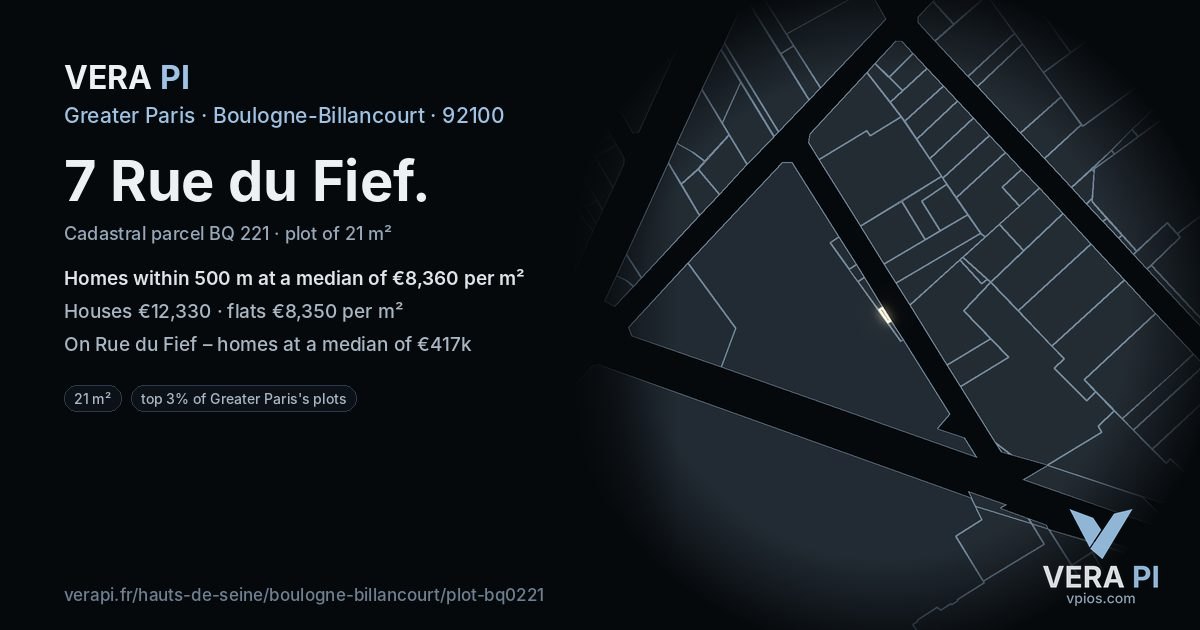 7 Rue du Fief, Boulogne-Billancourt at night – the plot lit, the parcels around coloured by the prices near them