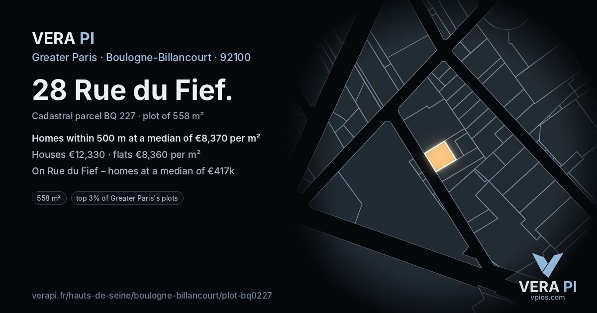 28 Rue du Fief, Boulogne-Billancourt at night – the plot lit, the parcels around coloured by the prices near them